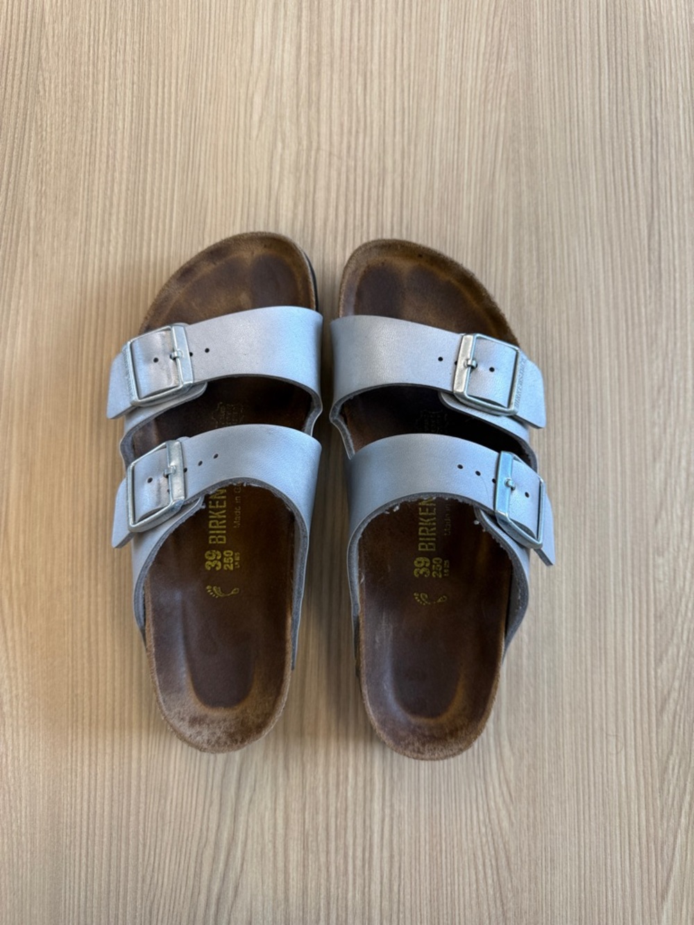 Birkenstock Arizona Silver Leather Double Buckle Sandals